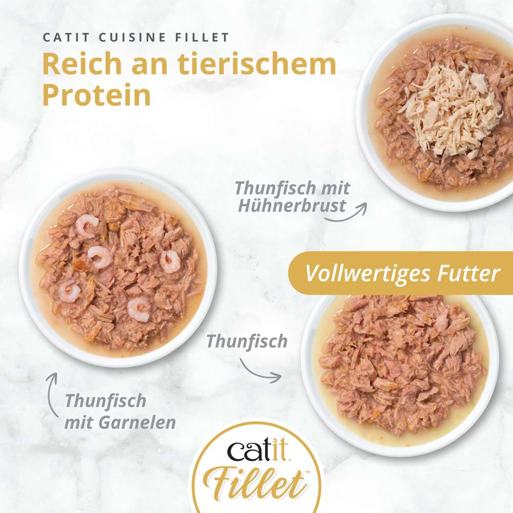 Drei Schalen mit Katzenfutter. Reich an tierischem Protein. Vollwertiges Futter.
