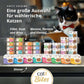 Eine große Auswahl für wählerische Katzen mit Catit Cuisine Fillet, Duet, Bites, Mousse, Pastete und Eintopf, Katze mit Brille und Klemmbrett.