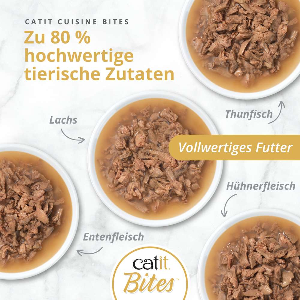 Zu 80 % hochwertige tierische Zutaten in Catit Cuisine Bites Katzenfutter, vier Schalen mit Lachs, Thunfisch, Huhn und Ente.