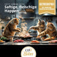 Saftige, fleischige Happen in Catit Cuisine Bites Katzenfutter, drei Katzen kochen in Küche mit Zutaten.