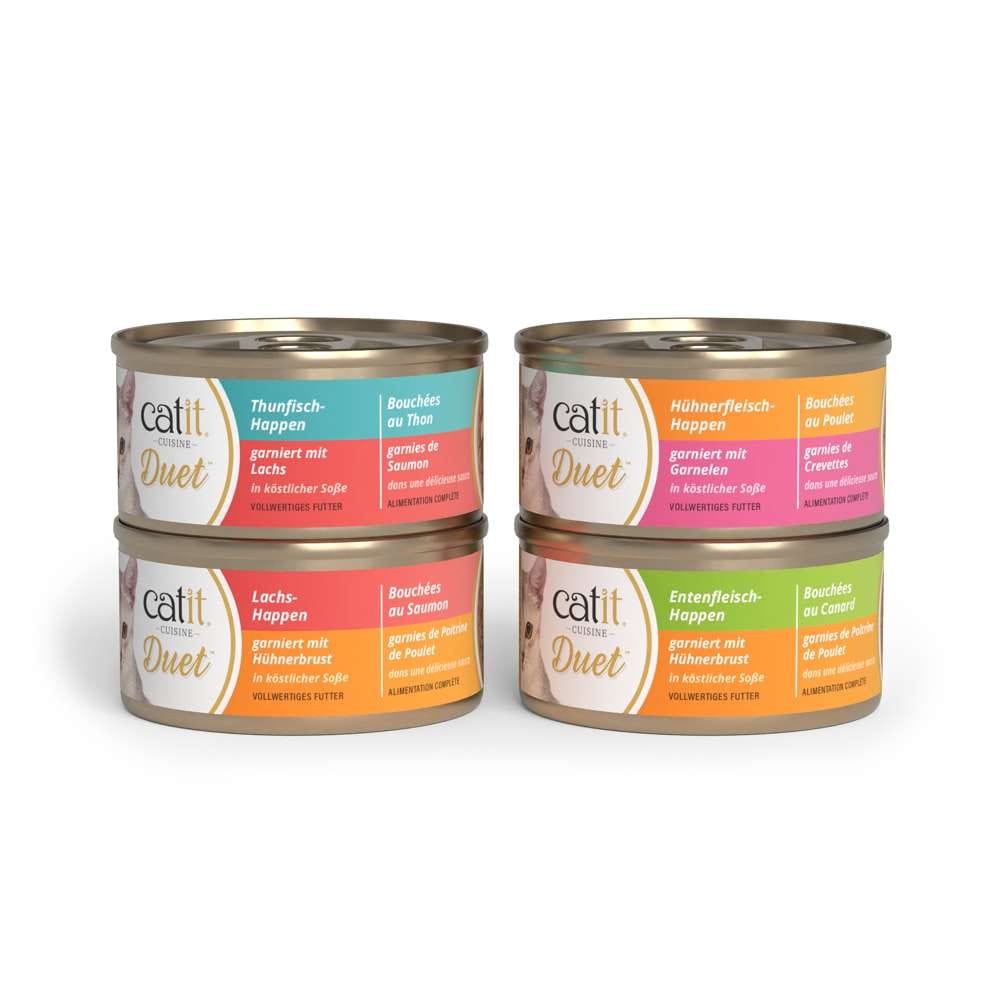 Verpackungen vom Katzenfutter "Catit Cuisine Duet" in Geschmacksrichtungen Thunfisch, Lachs, Huhn, Ente.