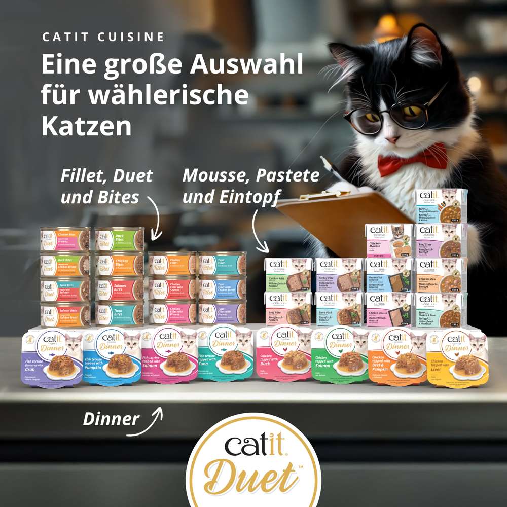 Eine große Auswahl für wählerische Katzen mit Catit Cuisine Fillet, Duet, Bites, Mousse, Pastete und Eintopf, Katze mit Brille und Klemmbrett.