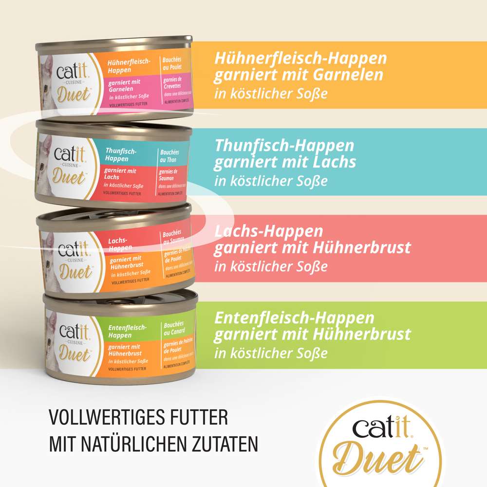 Vollwertiges Katzenfutter mit natürlichen Zutaten in Catit Cuisine Duet, vier Dosen mit Huhn, Ente, Lachs und Thunfisch.