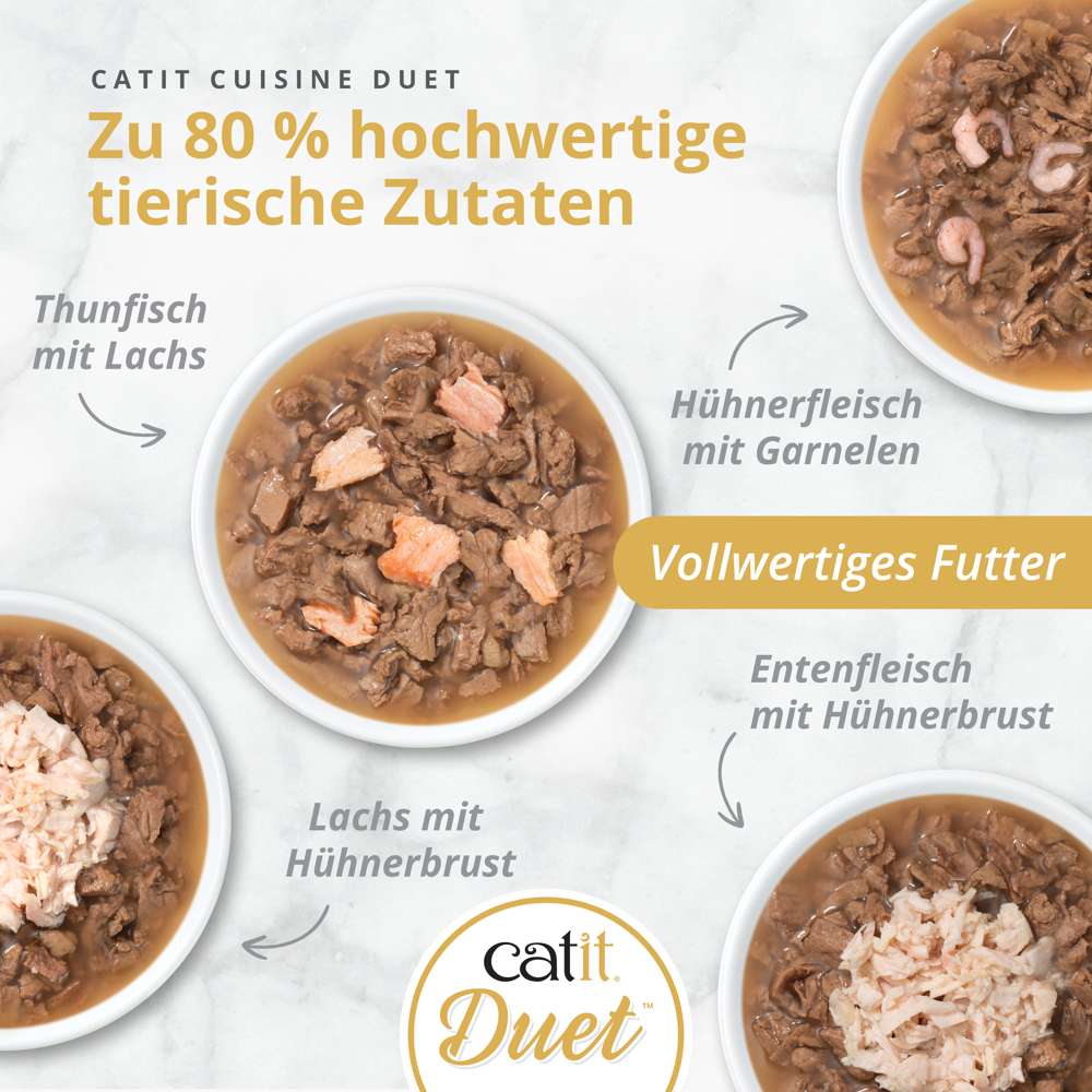 Zu 80 % hochwertige tierische Zutaten in Catit Cuisine Duet Katzenfutter, vier Schalen mit Thunfisch, Hühnerfleisch, Lachs und Entenfleisch.