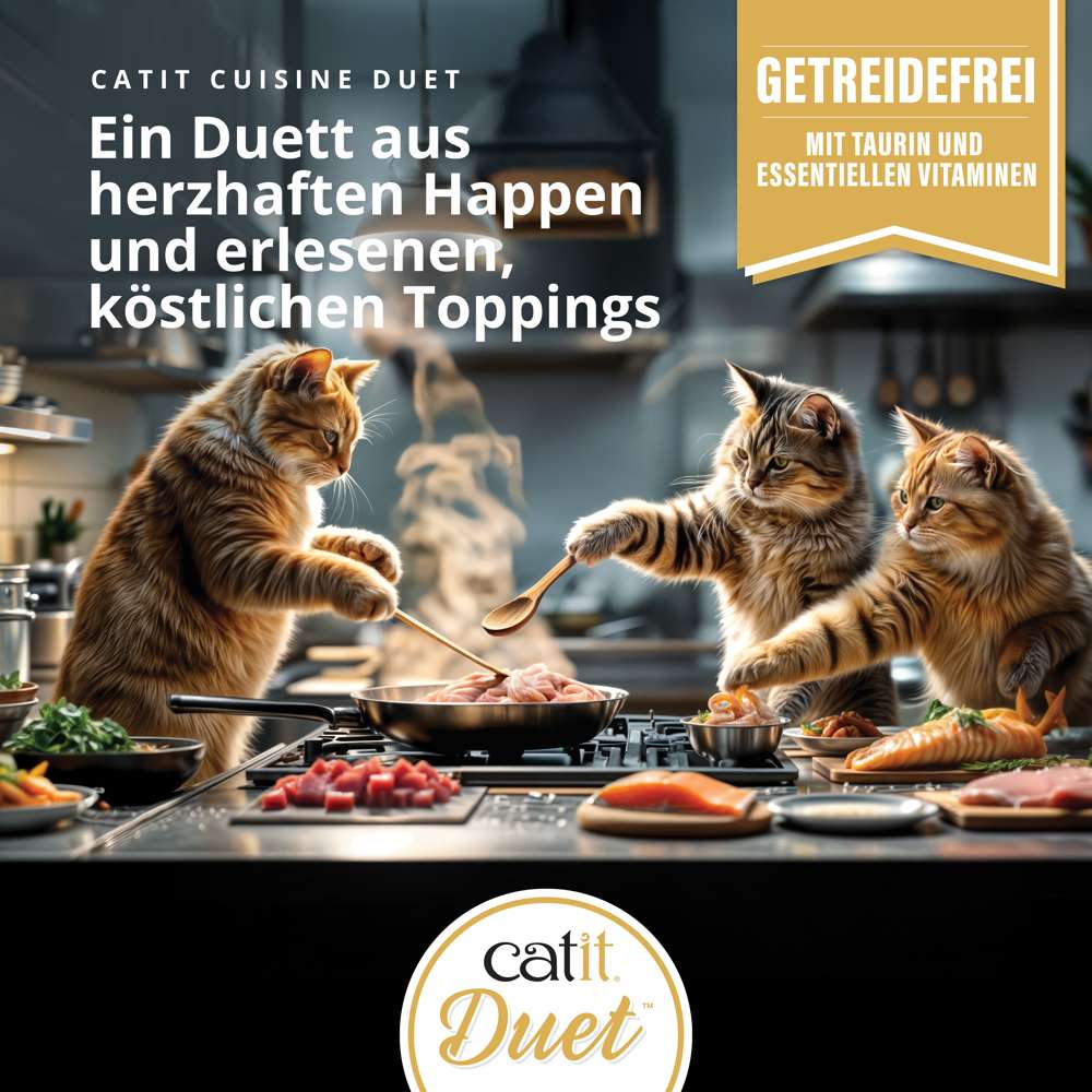 Ein Duett aus Happen und Toppings in Catit Cuisine Duet Katzenfutter, drei Katzen kochen in Küche mit Zutaten.