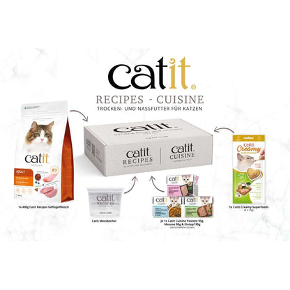 Lieferumfang der Catit Testbox: Trockenfutter, Nassfutter, Leckerlis, Messbecher, Magazin.