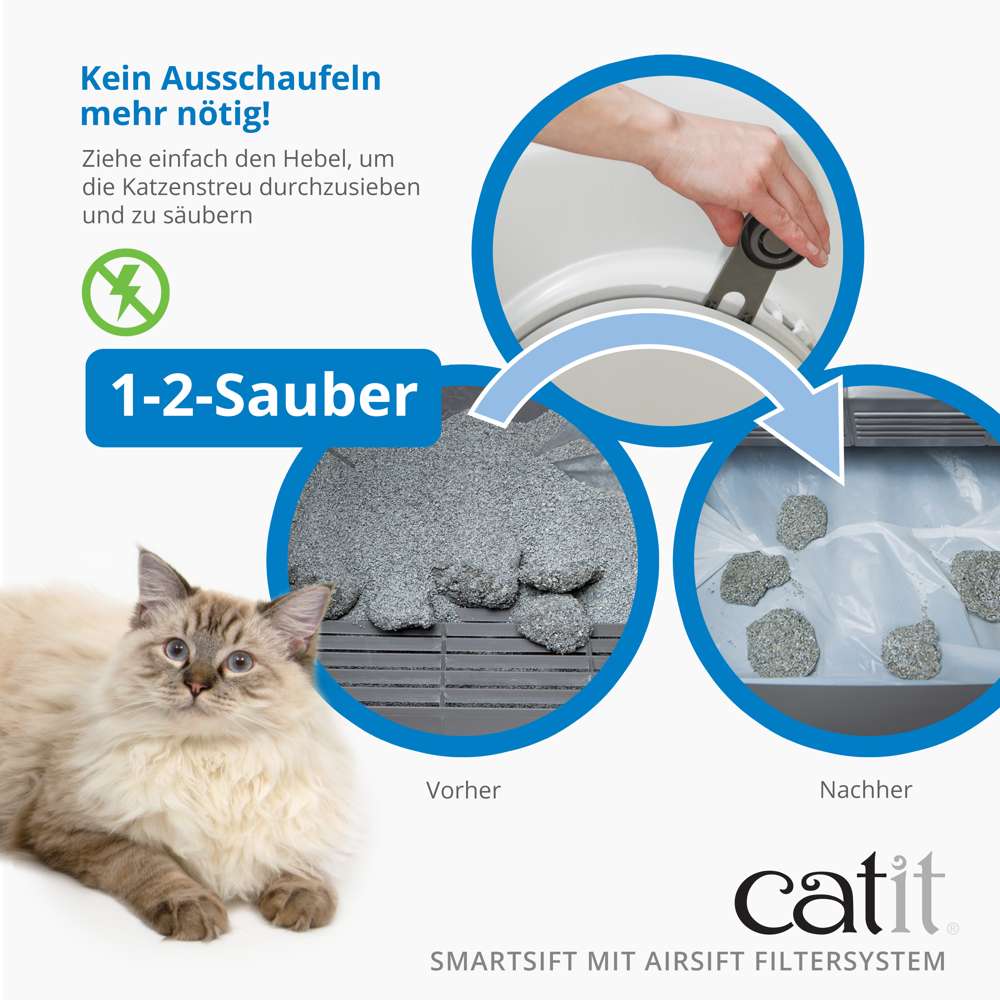Kein Ausschaufeln mehr nötig! Ziehe einfach den Hebel, um die Katzenstreu durchzusieben und zu säubern.