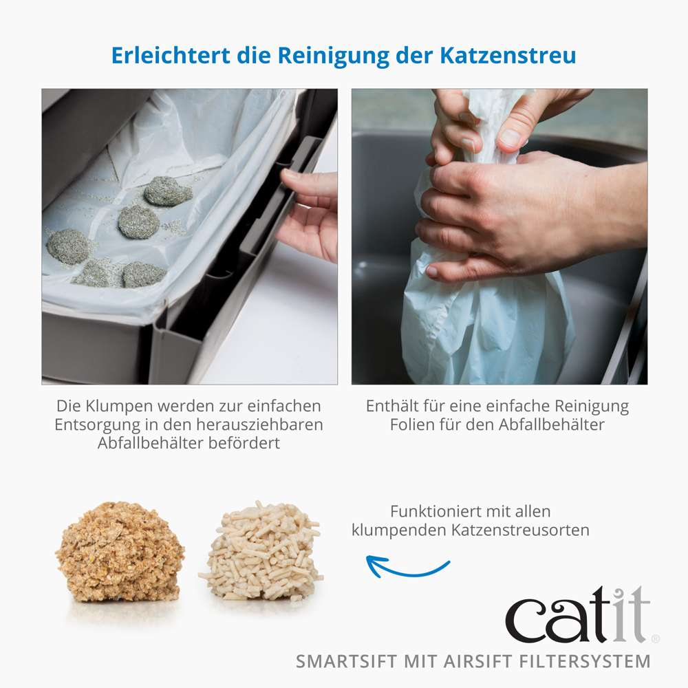 Die Klumpen werden zur einfachen Entsorgung in den herausziehbaren Abfallbehälter befördert. Enthält für eine einfache Reinigung Folien für den Abfallbehälter. Funktioniert mit allen klumpenden Katzenstreusorten.