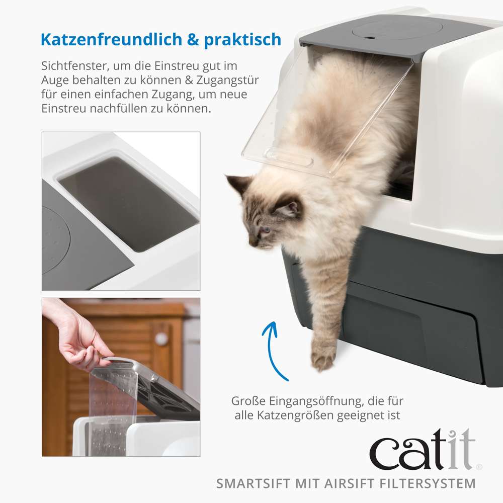 Sichtfenster, um die Einstreu gut im Auge behalten zu können. Zugangstür für einfachen Zugang, um neue Einstreu nachfüllen zu können.