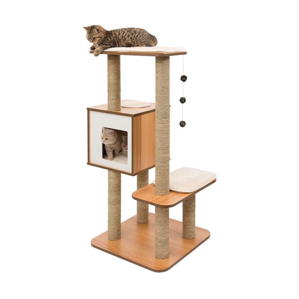 Zwei Katzen spielen auf einem zusammengebauten Kratzbaum "Catit Vesper High Base, Walnuss"