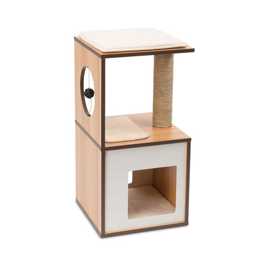 Kratzbaum namens "Vesper Box Small, Walnuss". Unten befindet sich eine Höhle. Oben befinden sich Kratzfläche, Kratzsäule und Spielzeug.