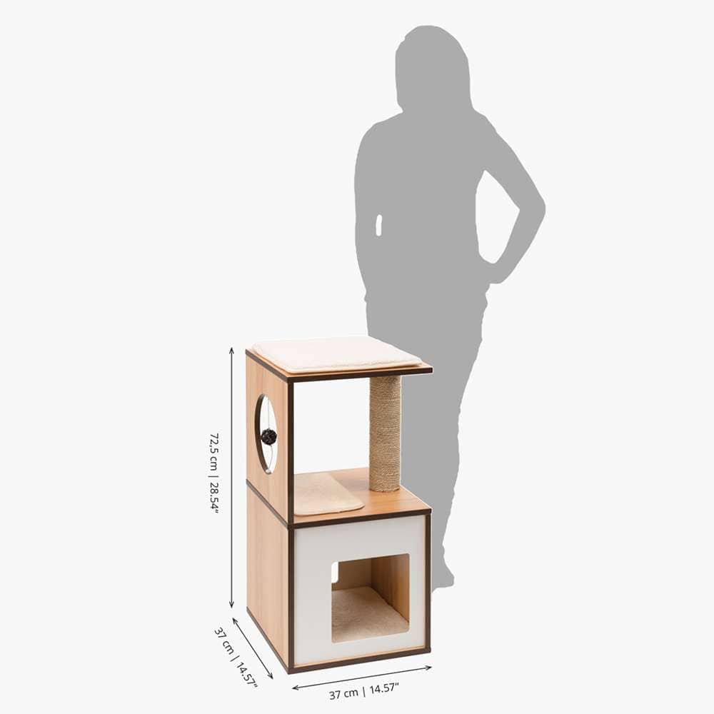 Kratzbaum namens "Vesper Box Small, Walnuss" mit Abmessungen Höhe 72,5 cm, Breite 37 cm und Tiefe 37 cm.