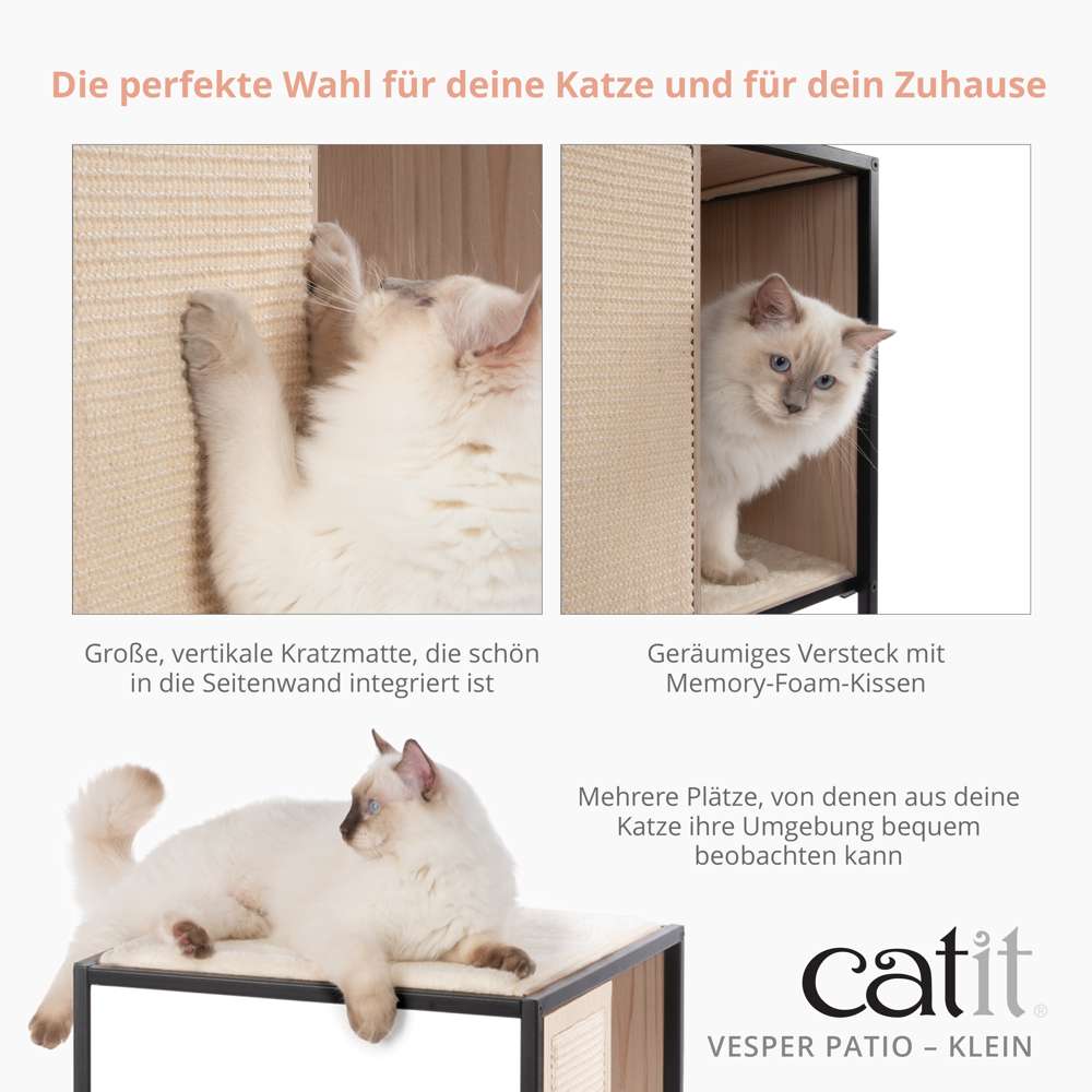 Die perfekte Wahl für deine Katze und für dein Zuhause. Große, vertikale Kratzmatte, die schön in die Seitenwand integriert ist. Geräumiges Versteck mit Memory-Foam-Kissen. Mehrere Plätze, von denen aus deine Katze ihre Umgebung bequem beobachten kann.