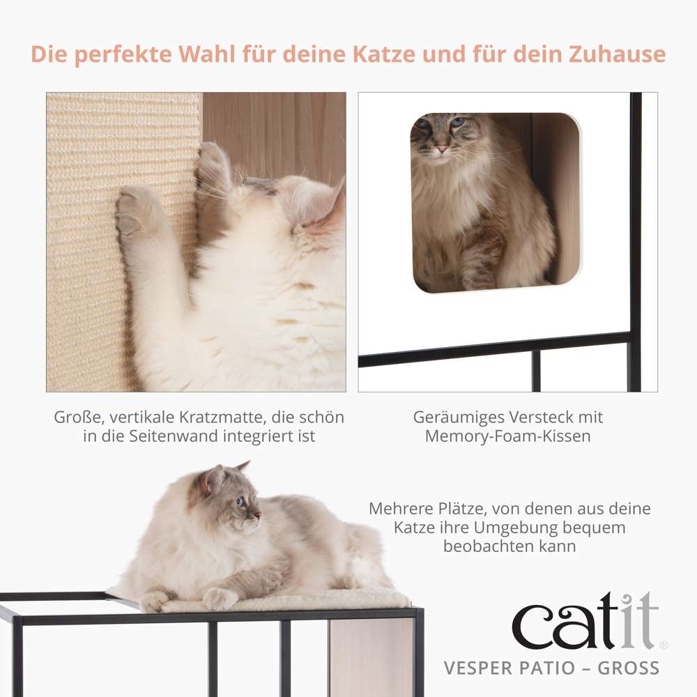 Die perfekte Wahl für deine Katze und für dein Zuhause. Große, vertikale Kratzmatte, die schön in die Seitenwand integriert ist. Geräumiges Versteck mit Memory-Foam-Kissen. Mehrere Plätze, von denen aus deine Katze ihre Umgebung bequem beobachten kann.